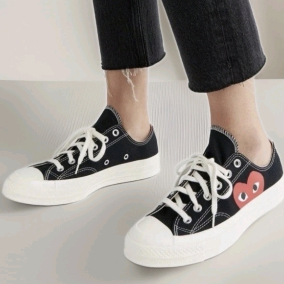 Converse X Comme Des Garsons Play Sneakers Black Low Lace Up Women's Size 8 - Picture 2 of 14